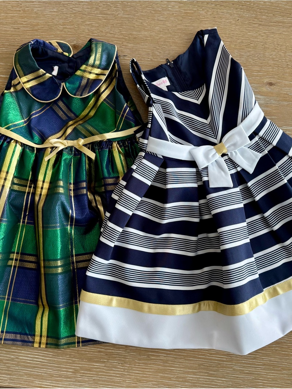 Bonnie Jean Green & Navy Gold Trim Holiday Dresses set of 2, never worn